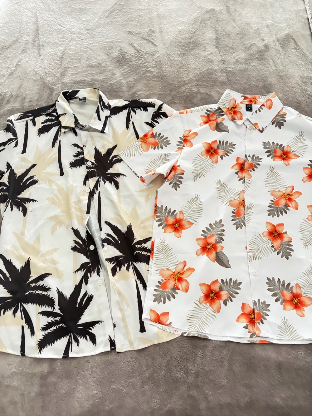 SHEIN White Short-Sleeve Button-Down Set with Orange Floral & Black Palm Prints